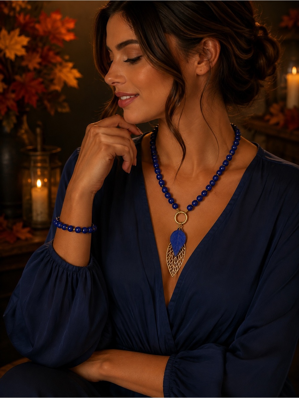 Lapis Blue Beaded Necklace with Gold Leaf Pendant